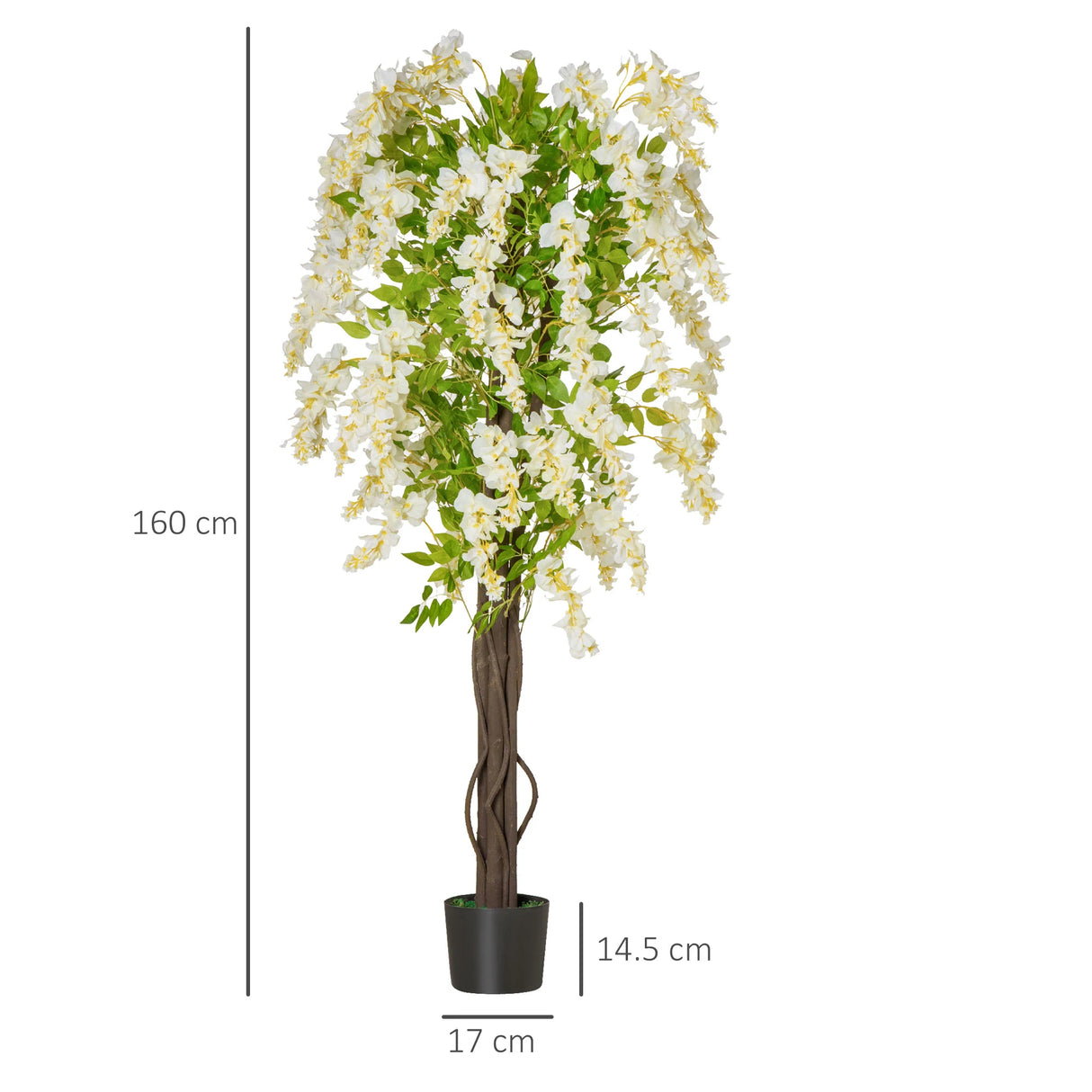 HOMCOM Artificial Realistic White Wisteria Tree Faux Decorative Plant in Nursery Pot for Indoor Dcor, 160cm