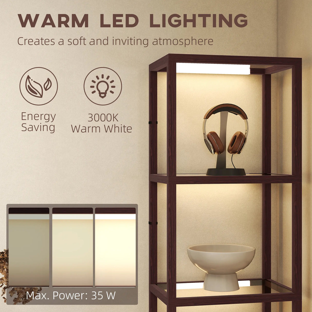 HOMCOM LED Floor Lamp with Glass Shelves, 4 Layers Dimmable Tall Standing Lamp, Modern Column Shelf Floor Light for Living Room, Bedroom, Office, Dark Brown
