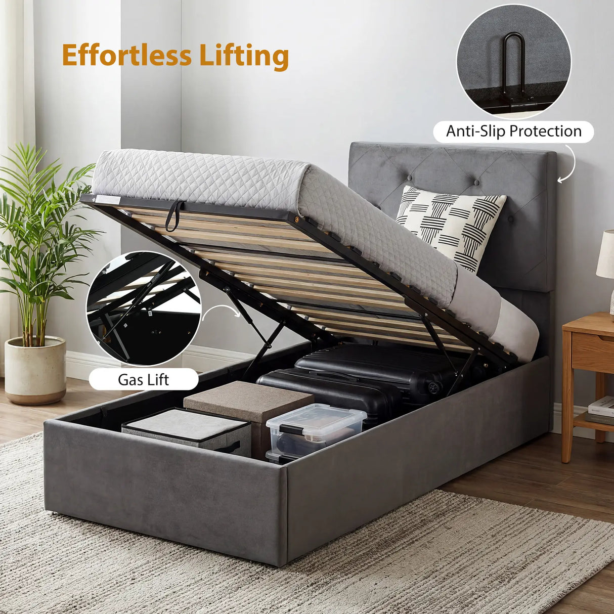 HOMCOM Single Bed Frame Gas Side Lift Under Bed Storage Upholstered Platform Bed Tufted Headboard for 90 x 190 cm Mattress