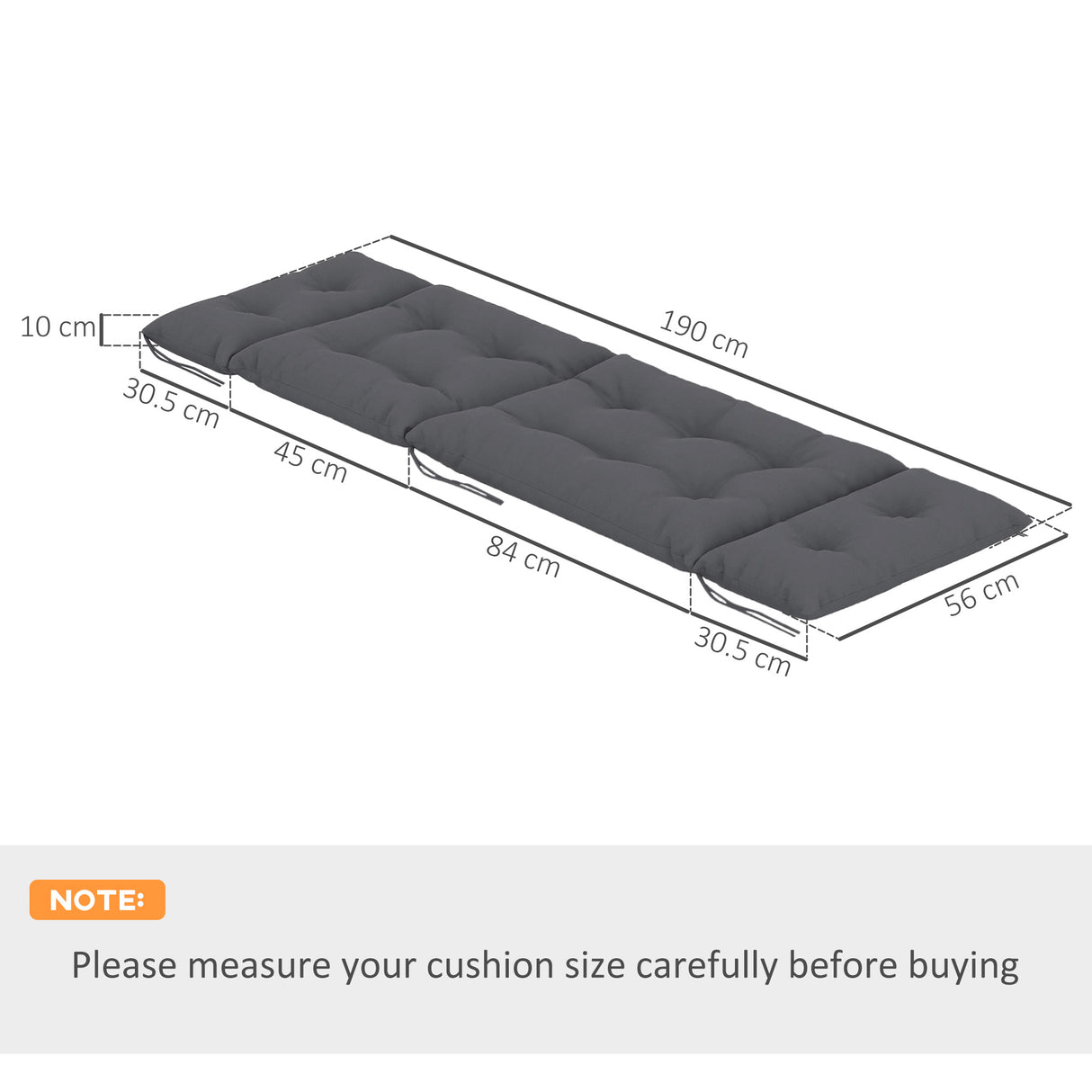 Outsunny Set of Two 190 x 56cm Sun Lounger Cushions - Dark Grey