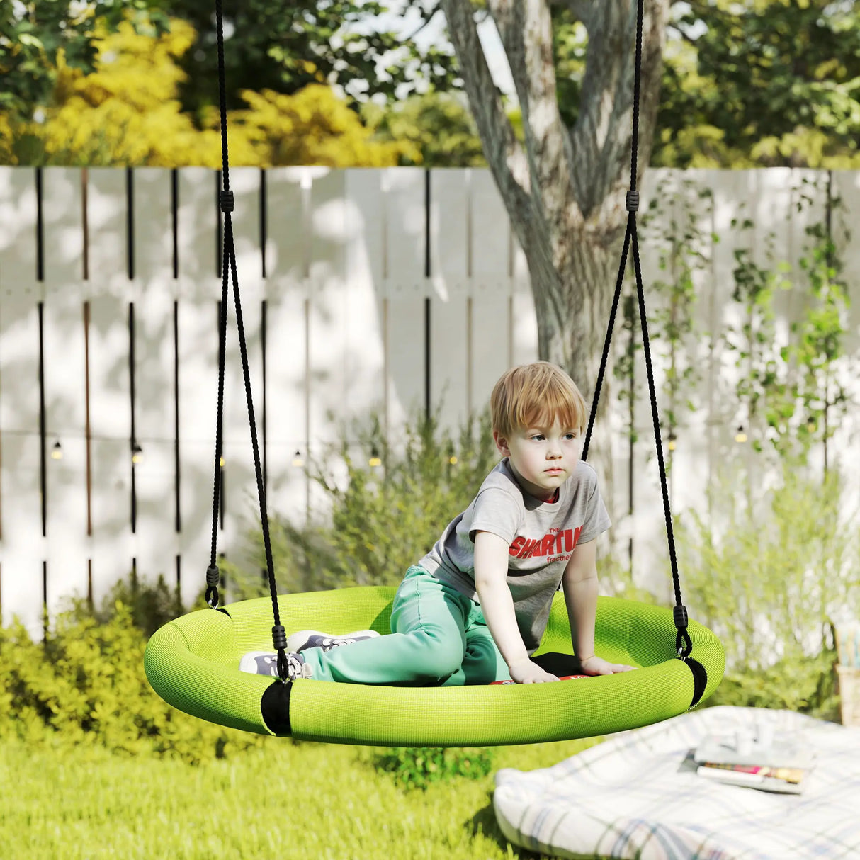 AIYAPLAY 100cm Diameter Nest Seat for Kids with Height Adjustable Hanging Ropes for Outdoor, Playground, Garden, Green