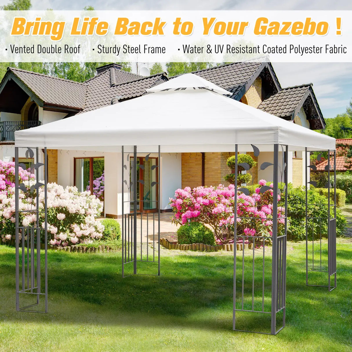 Outsunny 3 x 3m Outdoor Steel Gazebo with 2 Tier Roof, Garden Gazebo Patio Canopy Marquee Shelter with Decorative Steel Frame - Cream
