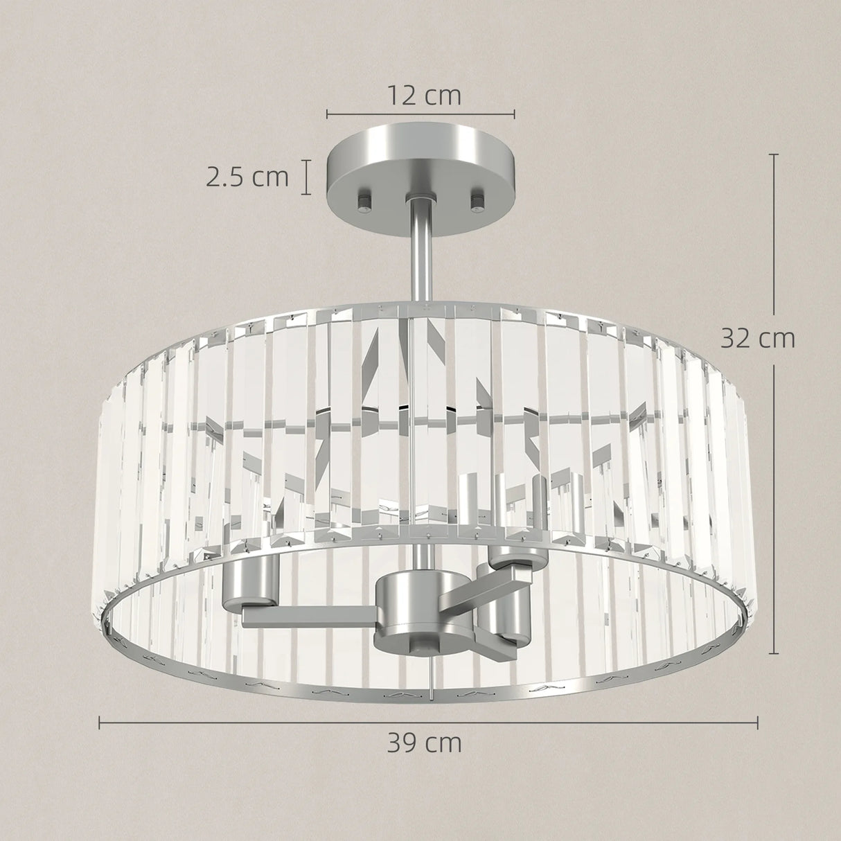 HOMCOM Crystal Ceiling Light Fixture, Semi Flush Mount Modern Crystal Chandelier Ceiling Light for Living Room, Bedroom, Hallway, Dining Room, E14 Base 3-Lights, Bulbs Not Included, Silver Tone