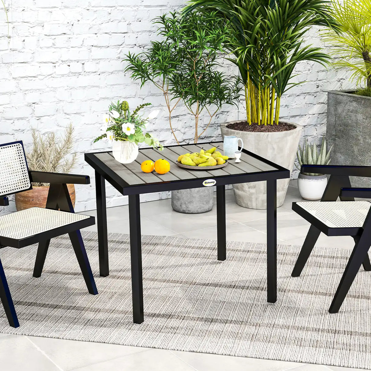 Outsunny Square Garden Dining Table with 5.4cm Parasol Hole, Slatted Top, Metal Frame, 86 x 86 x 71 cm, Light Grey