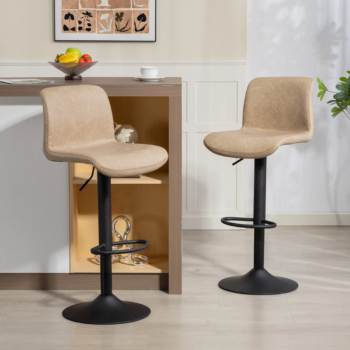 HOMCOM Bar Stools Set of 2, PU Leather Barstools with Backrest and Footrest for Kitchen, Counter, Breakfast Bar, Light Brown