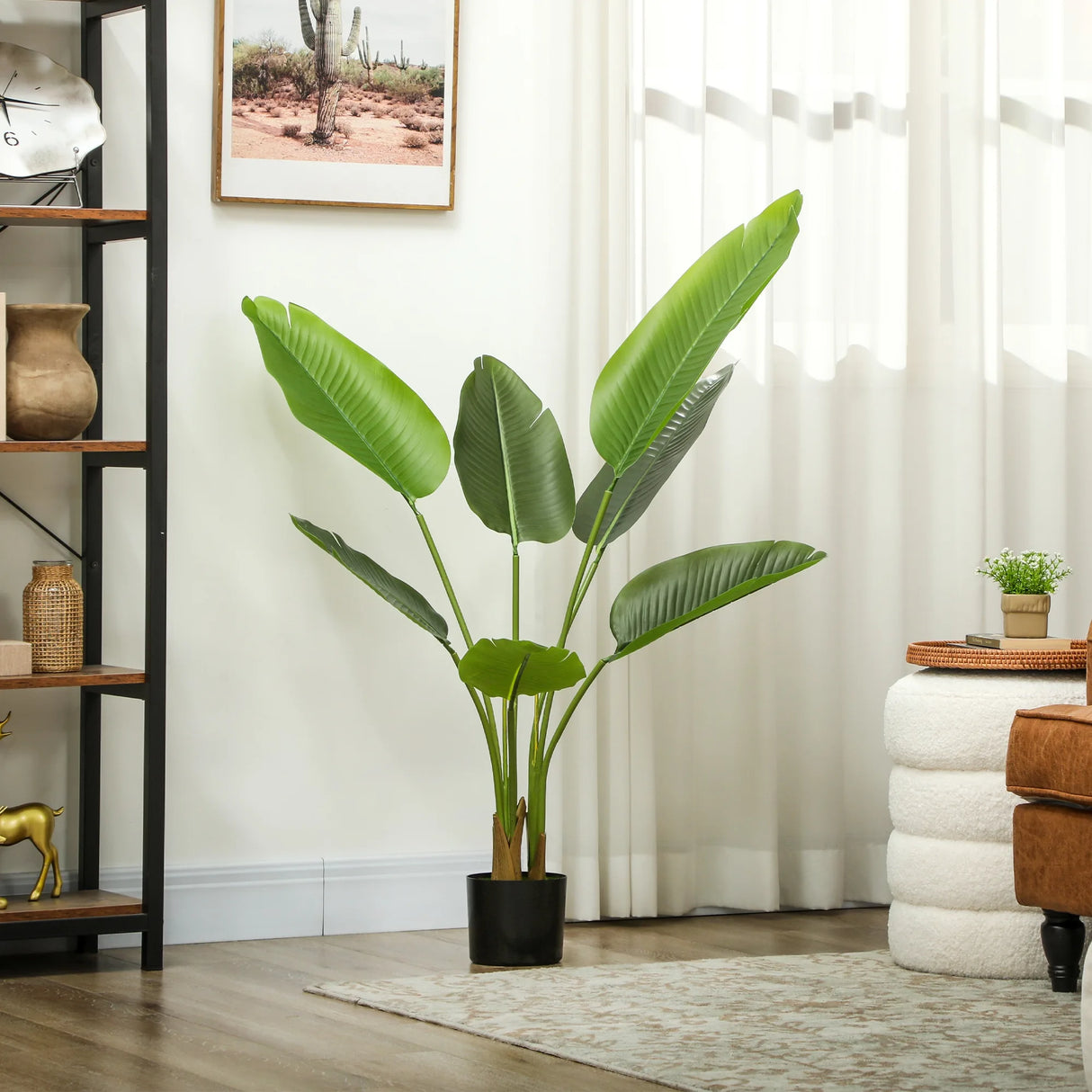 HOMCOM 109cm Artificial Bird of Paradise Plant, Faux Banana Leaf Tree with PEVA Leaves and Flocking, Decorative Palm Tree in Pot for Home Office Decor, Green