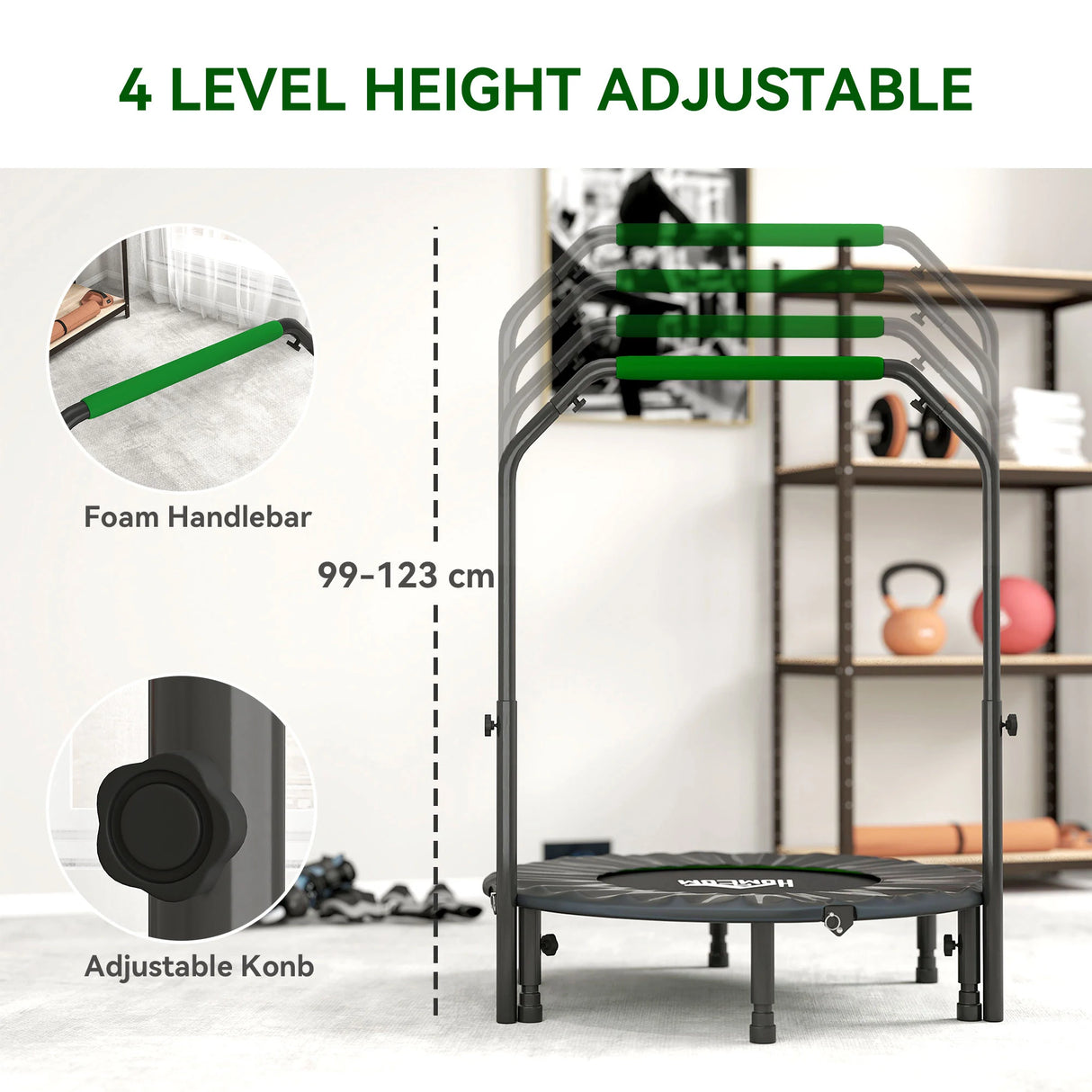 HOMCOM 40" Foldable Mini Fitness Trampoline, with Adjustable Foam Handle, Green