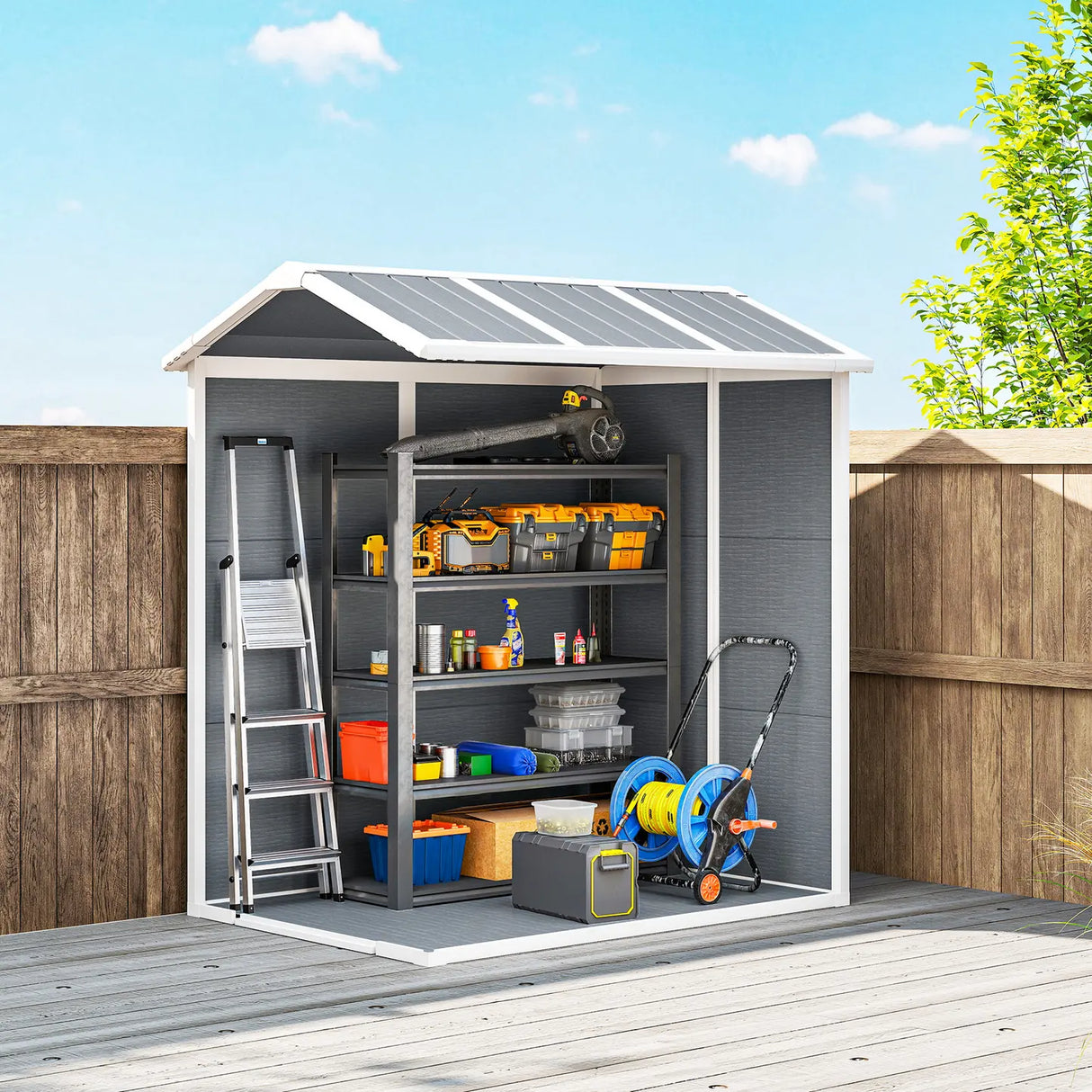Outsunny 4 x 6ft Garden Shed, Plastic Shed with Floor, Window, Lockable Door and Vents, Resin Tool Shed for Outdoor Patio Storage, Zero Maintenance, Grey
