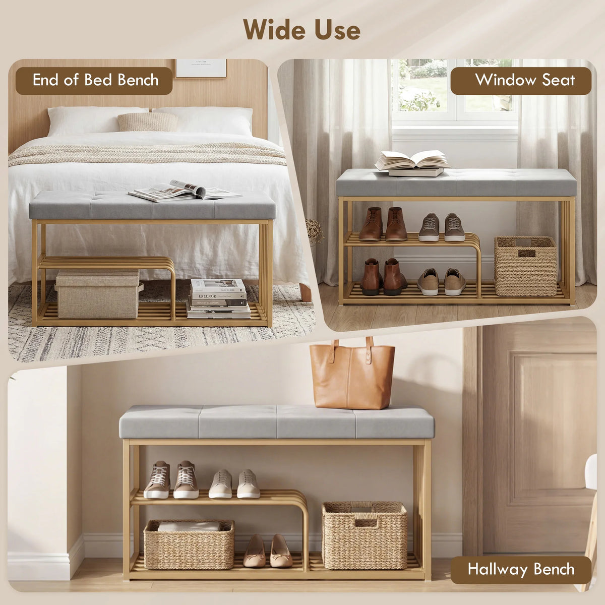 HOMCOM Bench and Shoe Storage, Tufted Shoe Storage Bench with Velvet Seat Cushion Gold Steel Frame for Entryway, Grey