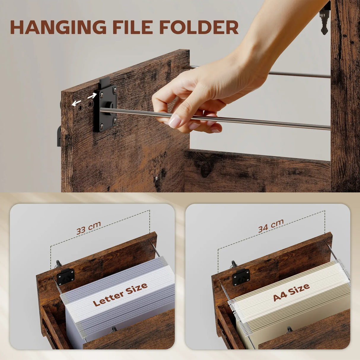 HOMCOM Rolling File Cabinet with 2 Drawers, Mobile Filing Cabinet with Hanging File Folder for Letter Sized Documents, Rustic Brown