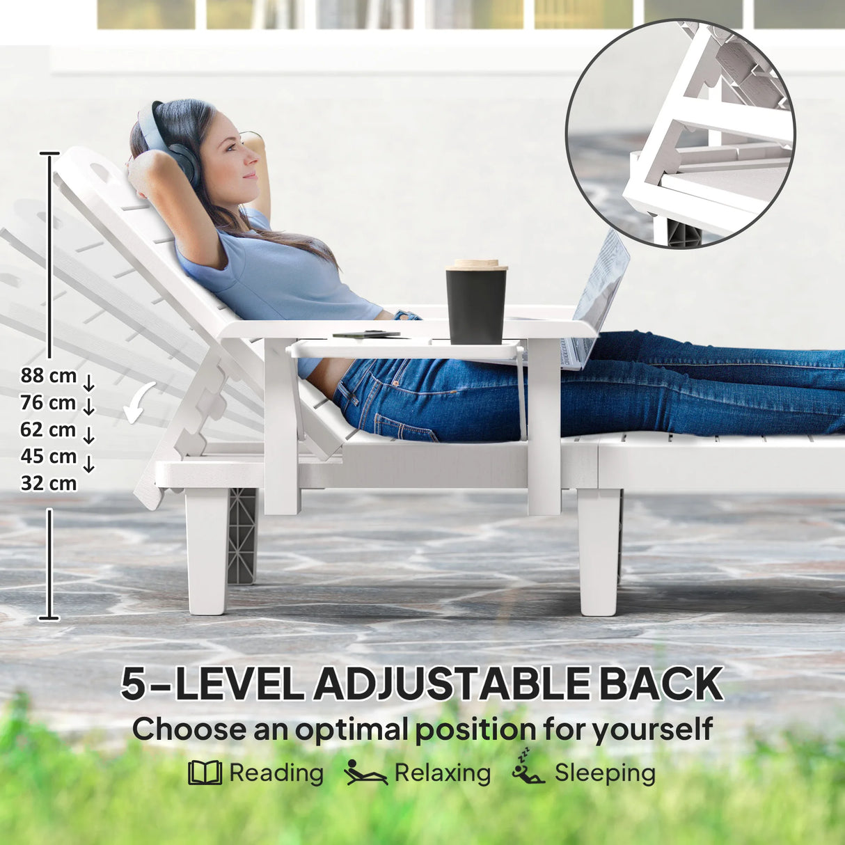 Outsunny Set of 2 Resin Reclining Sun Loungers for Garden, 5 Positions Adjustable Outdoor Chaise Lounge Chairs with Wood Texture Surface, Armrests, Foldable Side Table for Garden, Beach, White