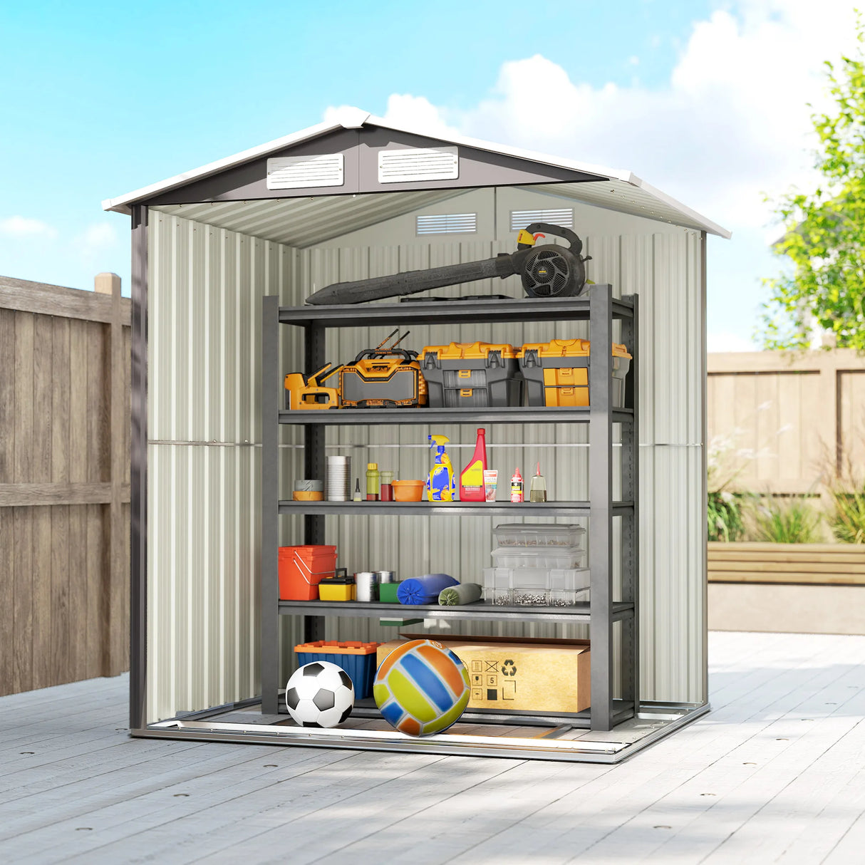 Outsunny Garden Metal Tool Storage Shed with Sliding Door, Sloped Roof and Foundation Kit, 152 x 132 x 188cm, Grey