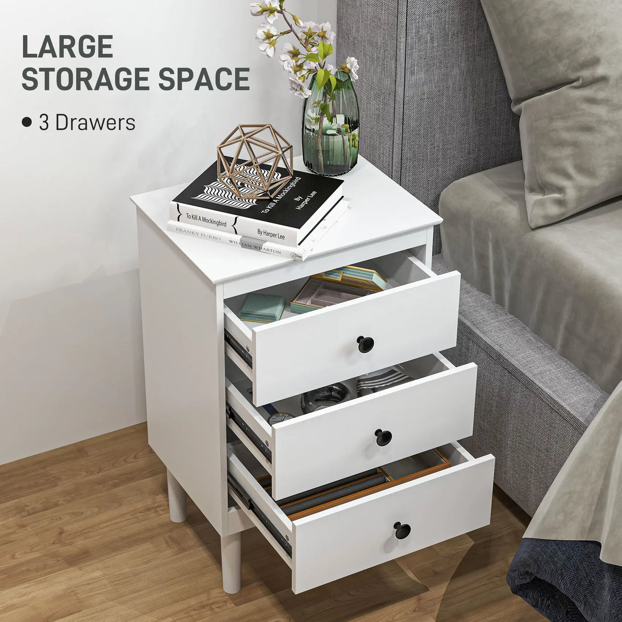 HOMCOM Set of Two Three-Drawer Bedside Tables - White