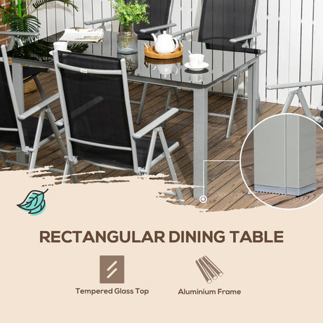 Outsunny 7 Piece Garden Dining Set, Outdoor Table and 6  Folding and Reclining Chairs, Aluminium Frame, Tempered Glass Top Table, Texteline Seats, Black