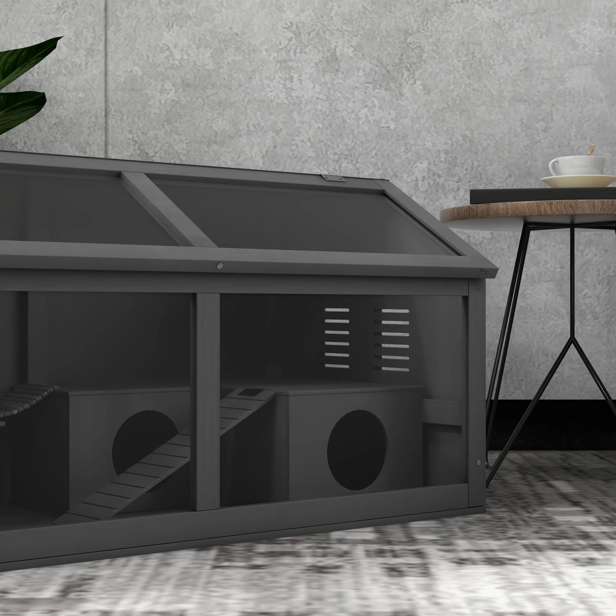 PawHut Hamster Cage, Wooden Small Animal Cage for Gerbils, Mice w/ Suspension Bridge, Openable Top, Hut, 85 x 45 x 44cm - Grey