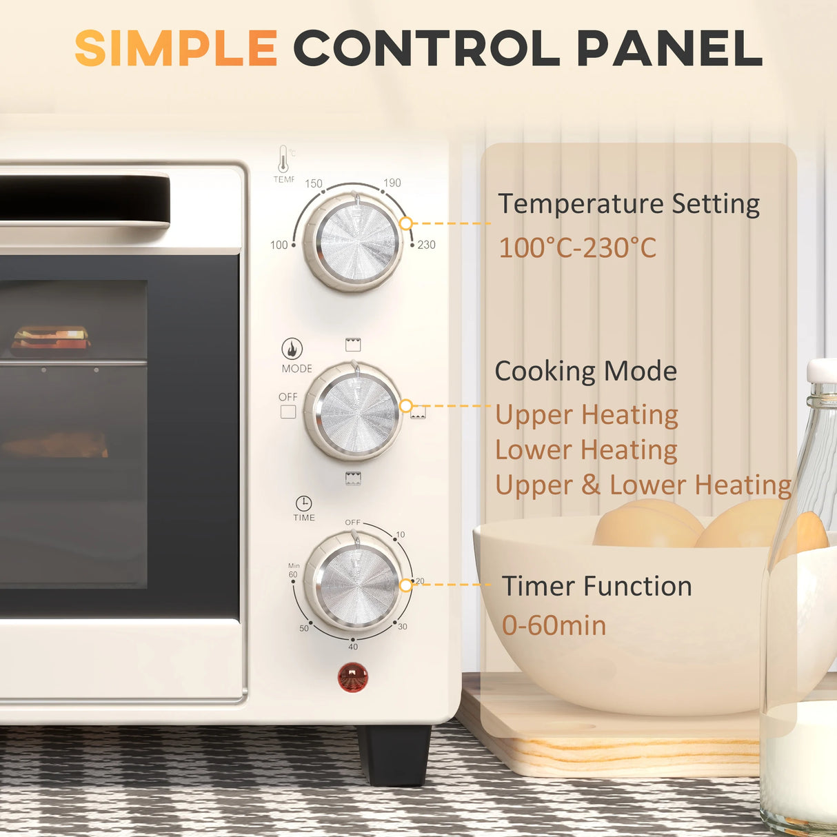 HOMCOM 21L Mini Countertop Oven, 100C-230C Adjustable Temp - White