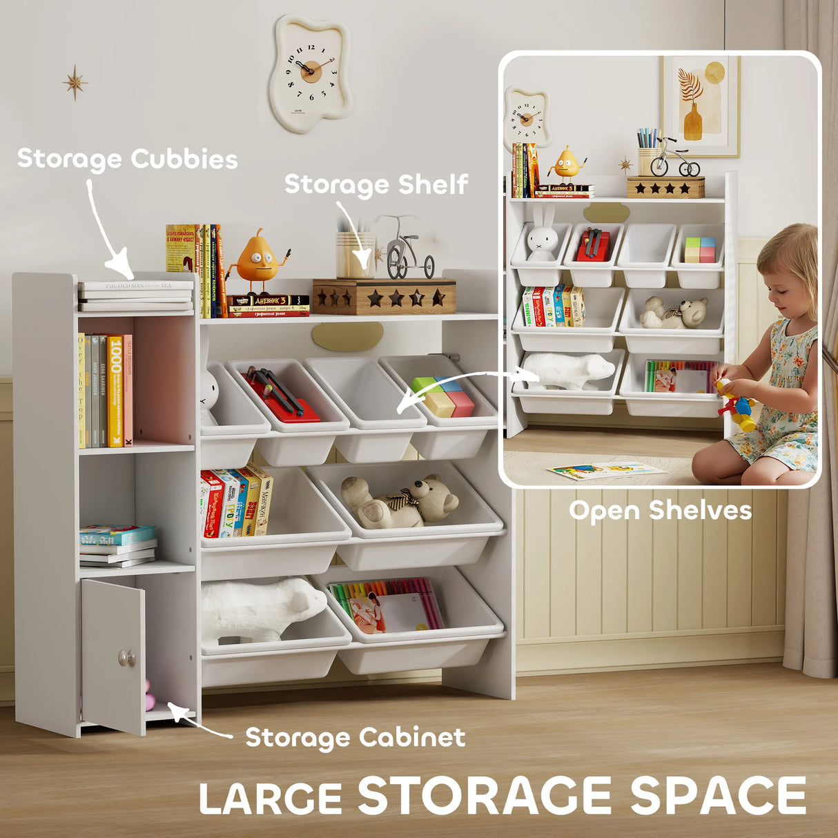 AIYAPLAY Toy Storage Unit with 8 Removable Bins, Storage Shelves, Cabinet, White