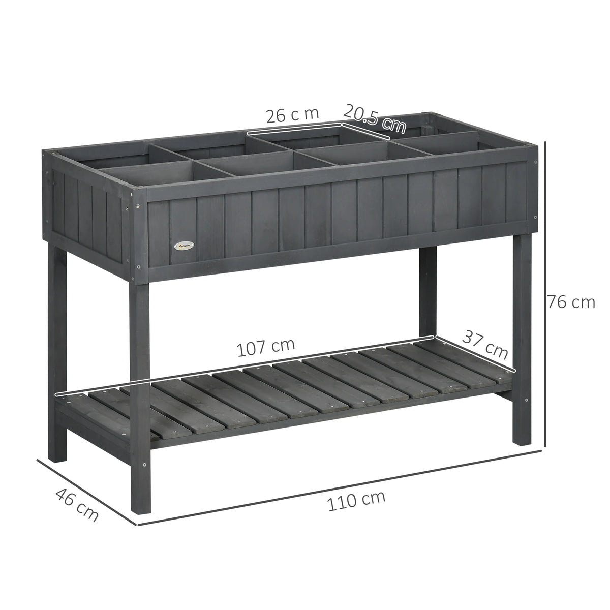 Outsunny Fir Wood Raised Rectangular 8 Compartment Plant Stand Dark Grey