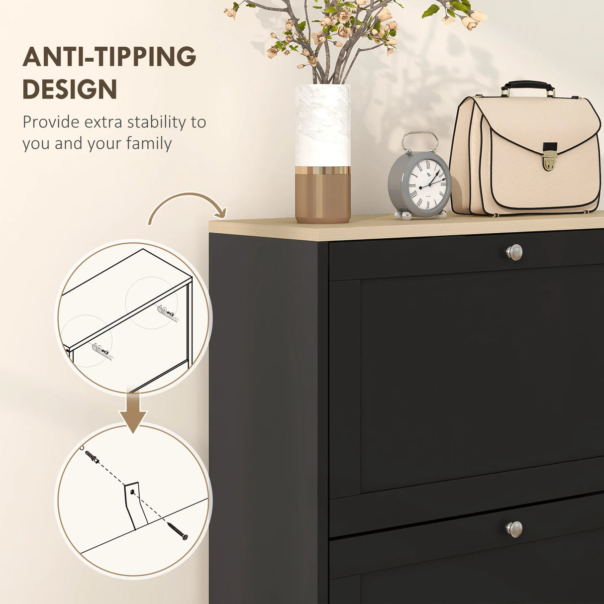 HOMCOM Modern Compact Three-Drawer Shoe Storage Cabinet - Black