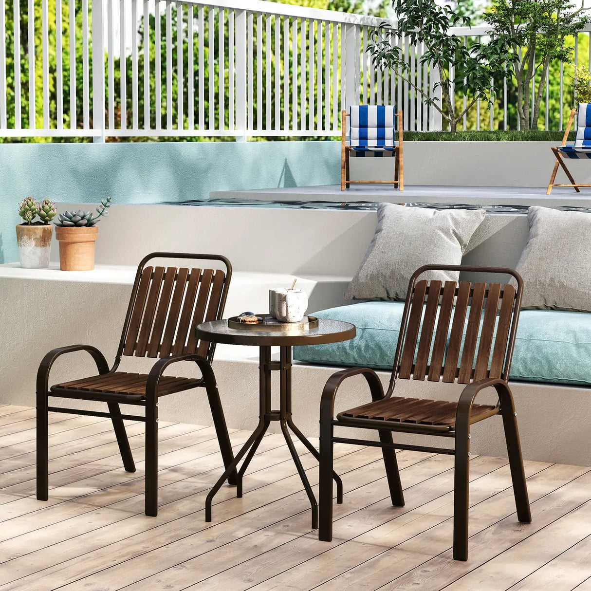 Outsunny 3 Pieces Patio Bistro Set with Stackable Chairs, Tempered Glass Table, for Outdoor, Balcony, Patio, Garden, Dark Brown