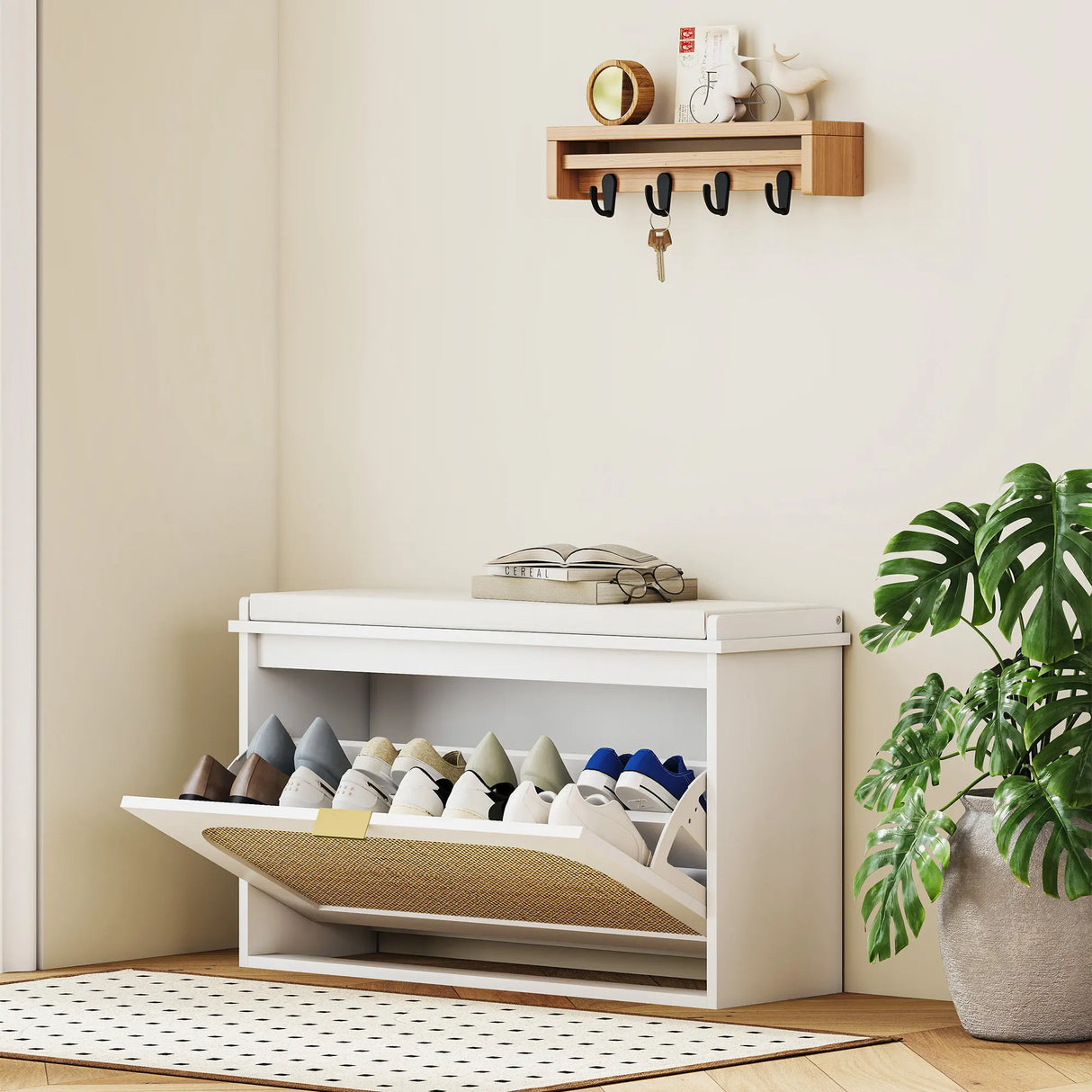 HOMCOM Boho Shoe Bench with Padded Seat and Flip-Drawer - White