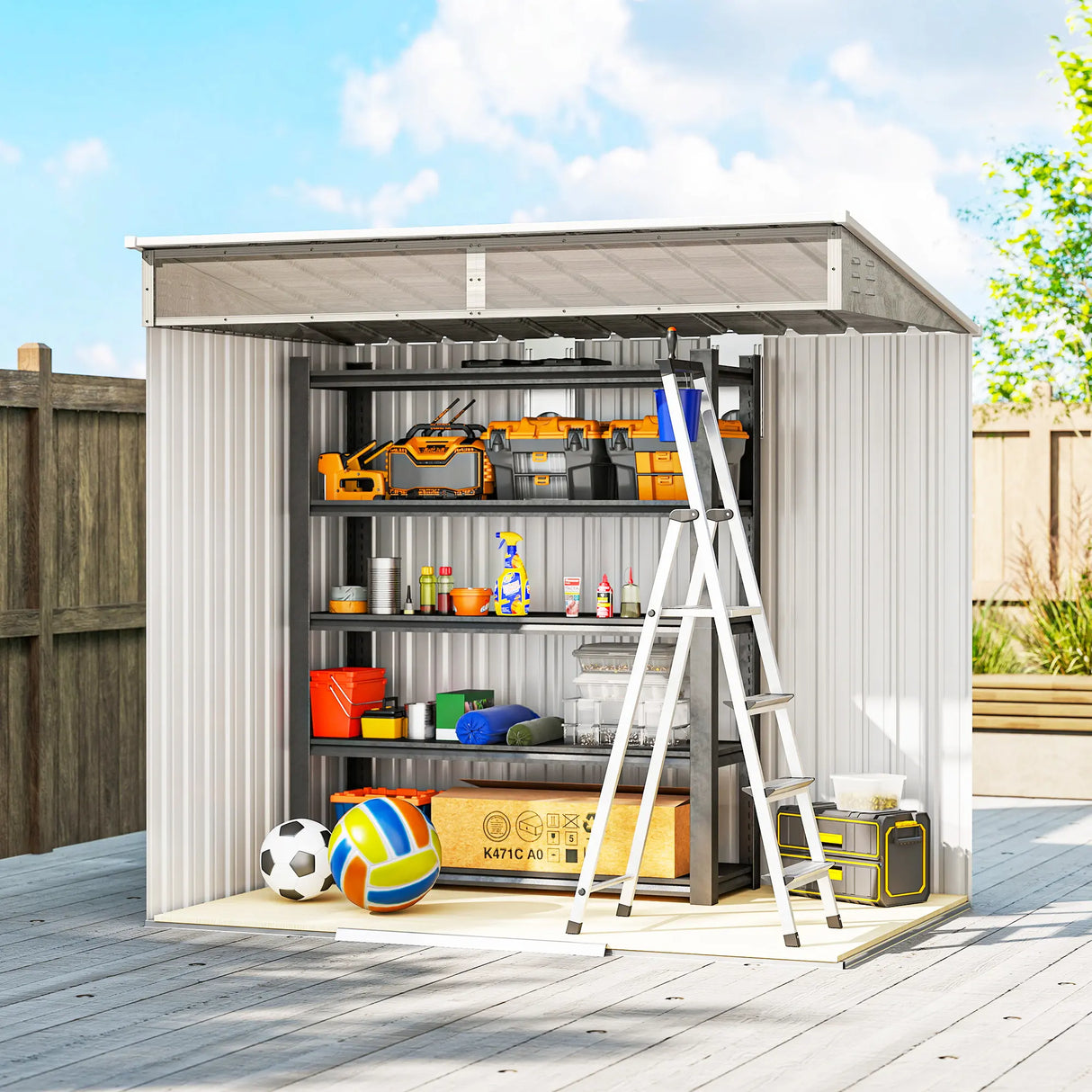Outsunny 6.5 x 4FT Galvanised Metal Shed with Foundation Kit, Lockable Tool Garden Shed with Double Sliding Doors, Vents, Light Grey Wood Effect