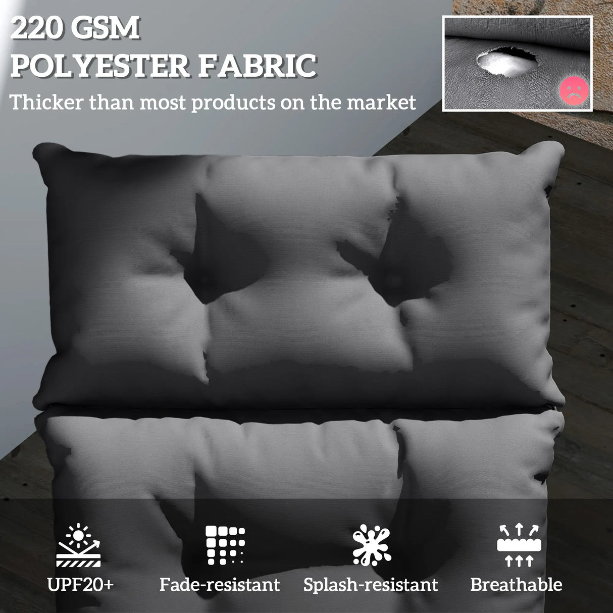 Outsunny Sun Lounger Cushions Only, 190x56x10cm Garden Lounge Chair Cushions, UPF20+ 220gsm Fabric, Thick Sunbed Replacement Pads with 6 Ties, Dark Grey