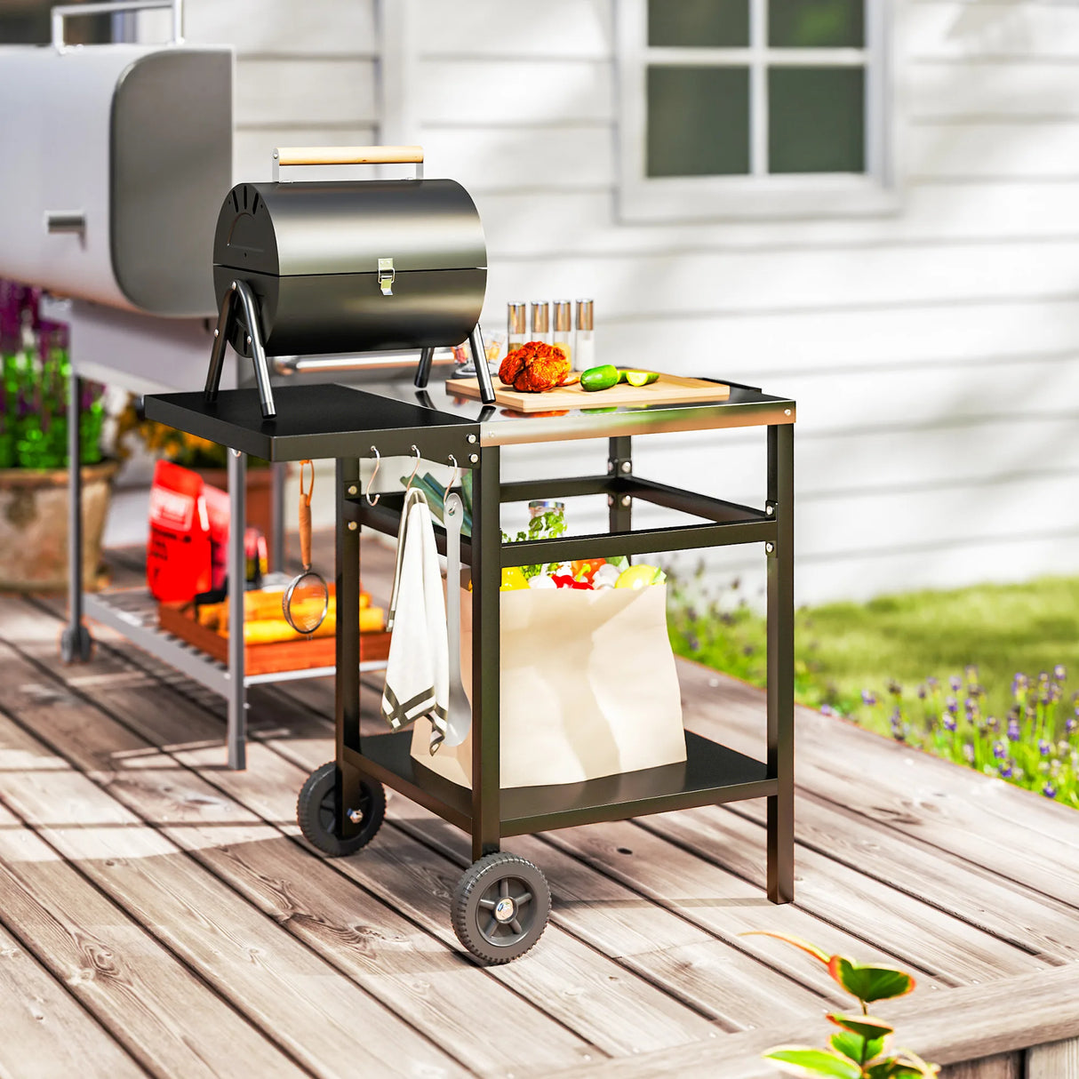 Outsunny BBQ Trolley with Stainless Steel Top and Foldable Side Table, Outdoor Kitchen Barbecue Station with Hooks and Shelf, Pizza Oven Table Movable Outdoor Grill Dining Cart with Cover, Black