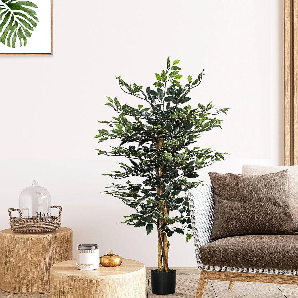 HOMCOM 4.5ft Ficus Artificial Plant with Realistic Leaves, Potted Fake Tree for Home Office Indoor Decor, Green