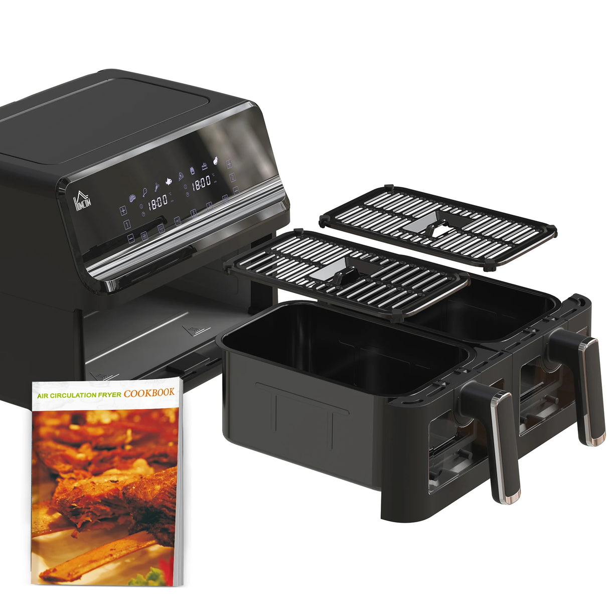 HOMCOM 8L Dual Basket Air Fryer, 8-in-1 Air Fryer Oven with Digital Display, Visible, Timer, Preheat for Oil Free Low Fat Cooking, 2500W, Sync Finish, Sliver