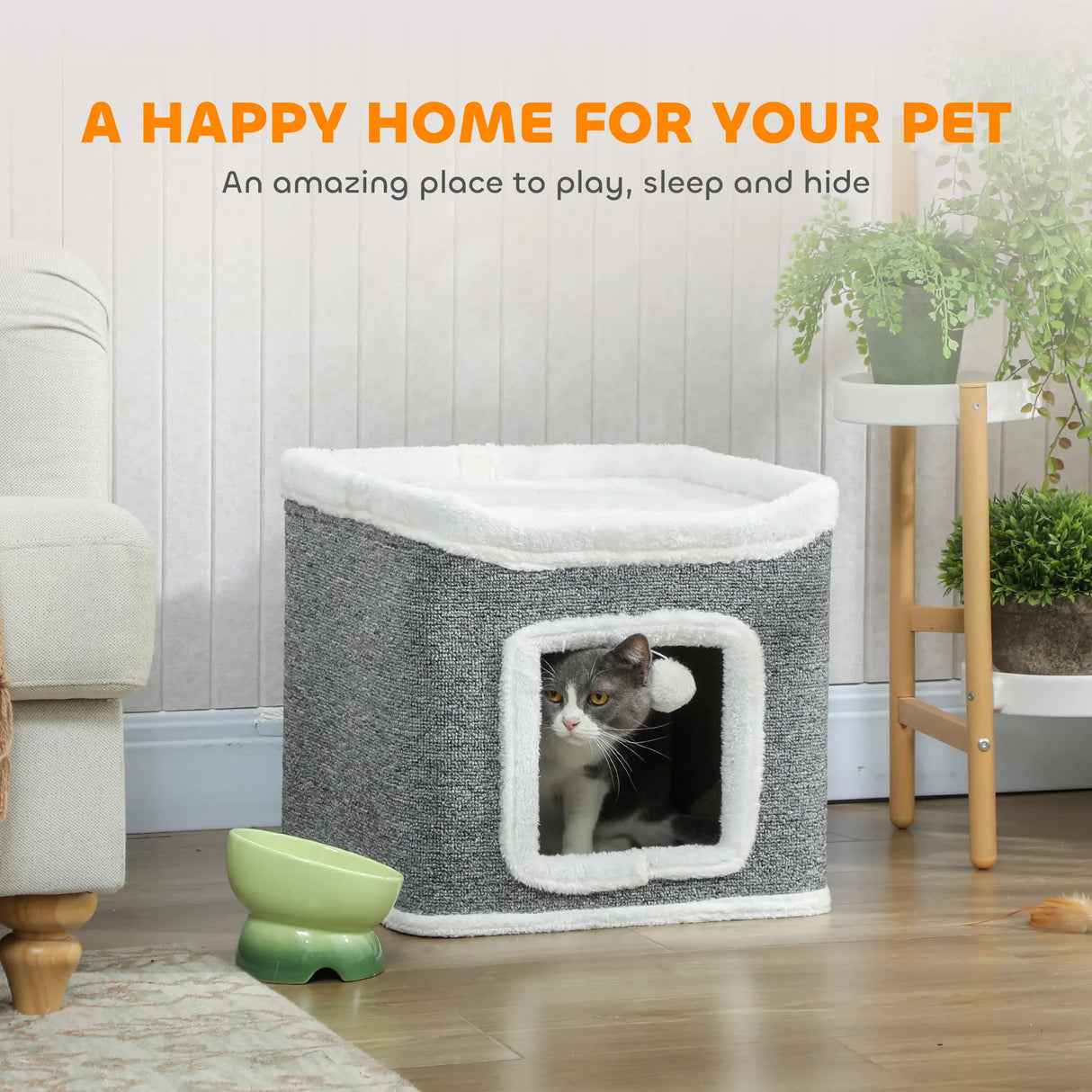 PawHut Cat House for Indoor Kittens, 2-Level Cat Cave Bed with Fluffy Balls, Top Bed, Kitten Barrel for Multi Kitties, Grey