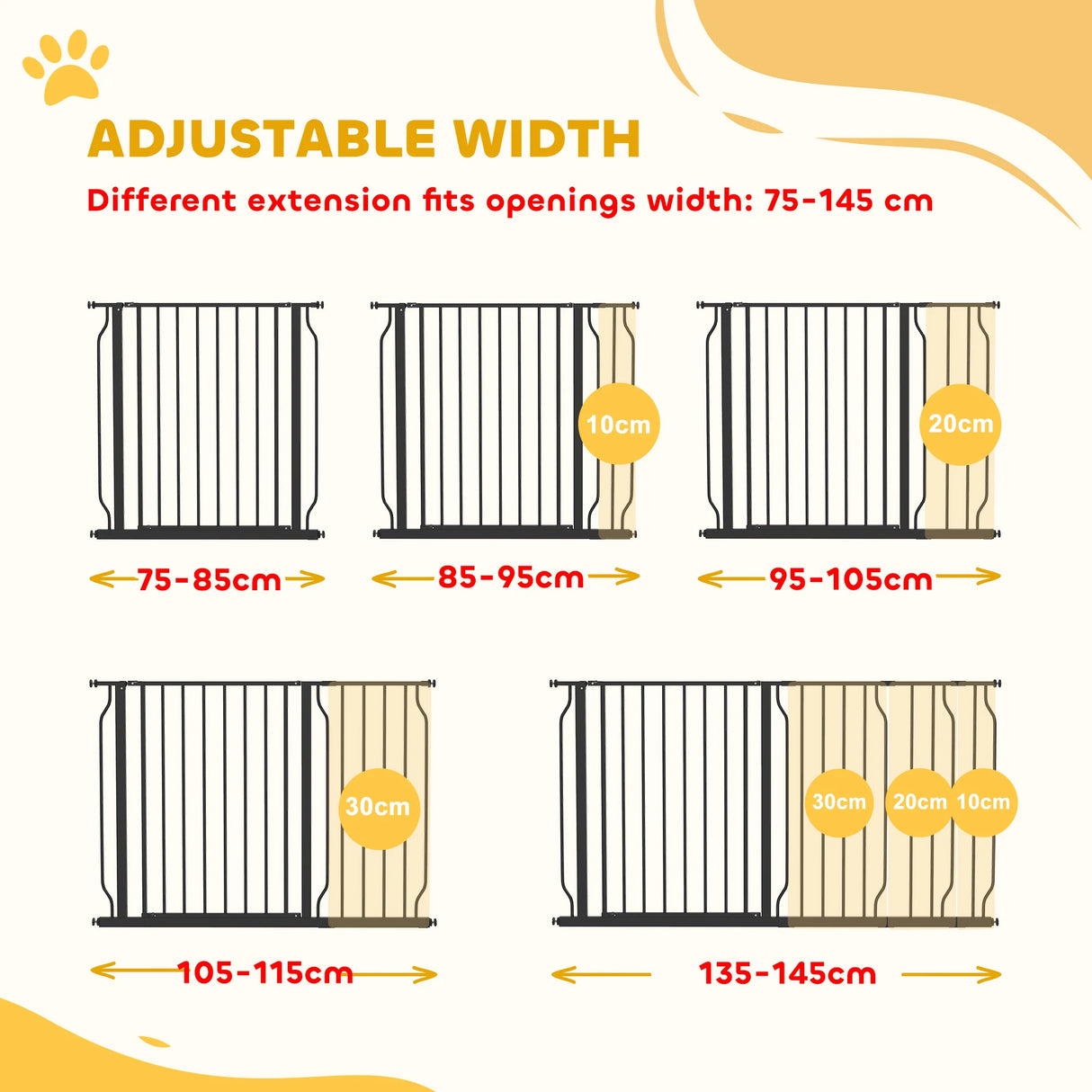 PawHut Extra Wide Dog Safety Gate, with Door Pressure, for Doorways, Hallways, Staircases - Black