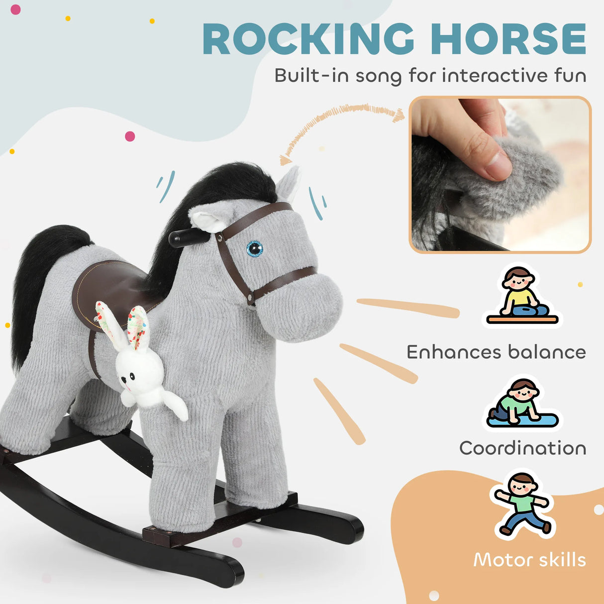 AIYAPLAY Baby Rocking Horse, Plush Ride on Toy with Handle Grip, Sound and Doll, Toddler Animal Rocker for Kids Aged 25, Grey