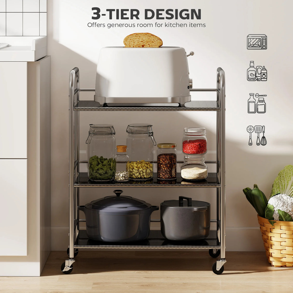 HOMCOM 3 Tier Stainless Steel Kitchen Storage Trolley with Adjustable Shelf - Silver