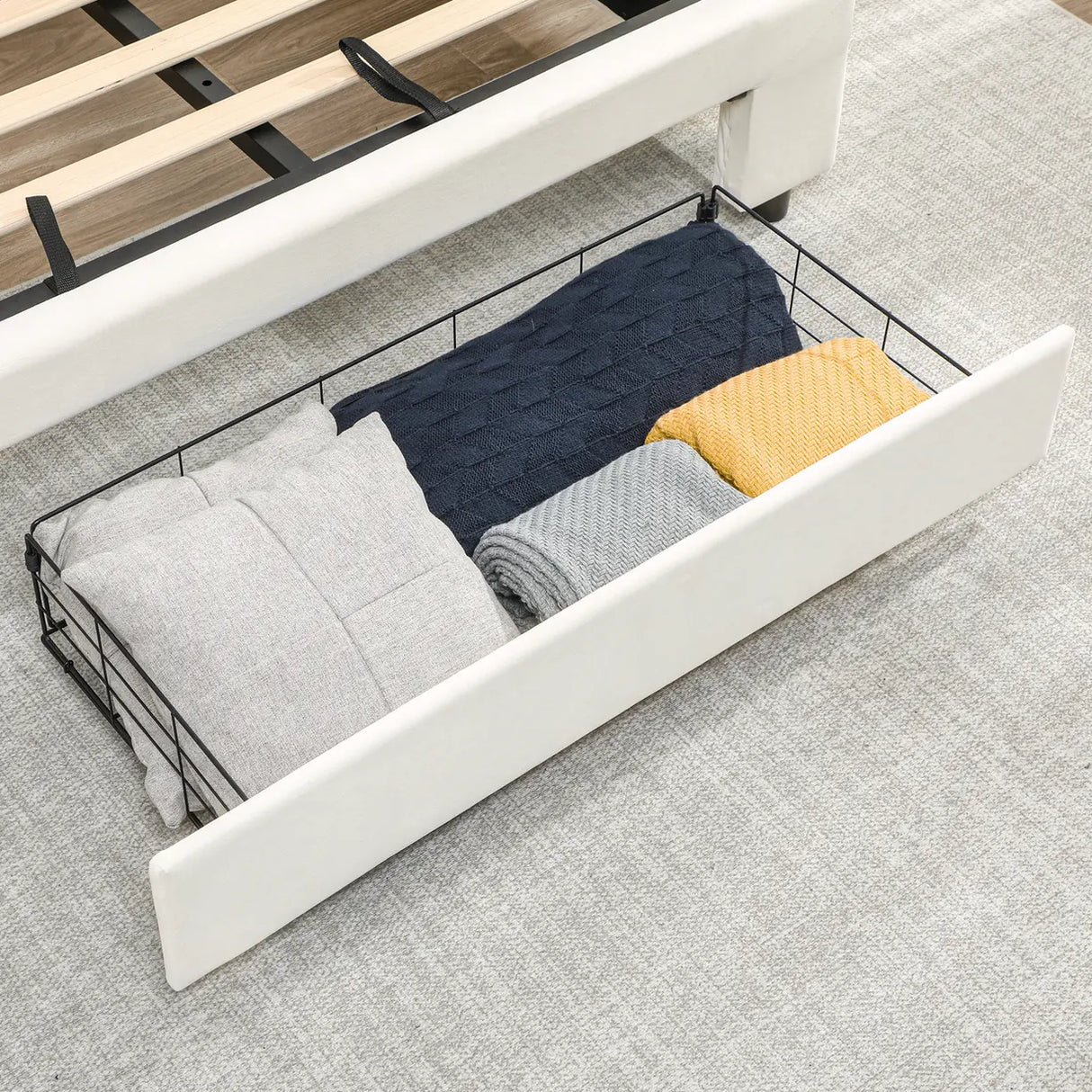 HOMCOM Double Ottoman Bed Frame, with Front Drawer - Cream