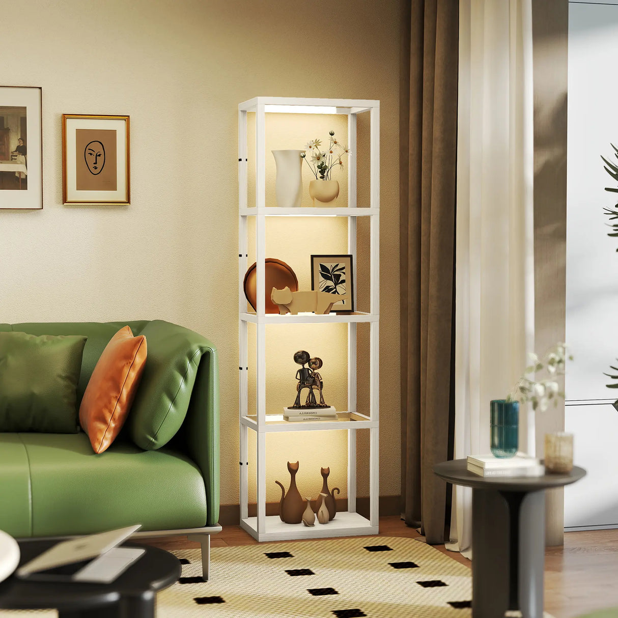 HOMCOM LED Floor Lamp with Glass Shelves, 4 Layers Dimmable Tall Standing Lamp, Modern Column Shelf Floor Light for Living Room, Bedroom, Office, Oak