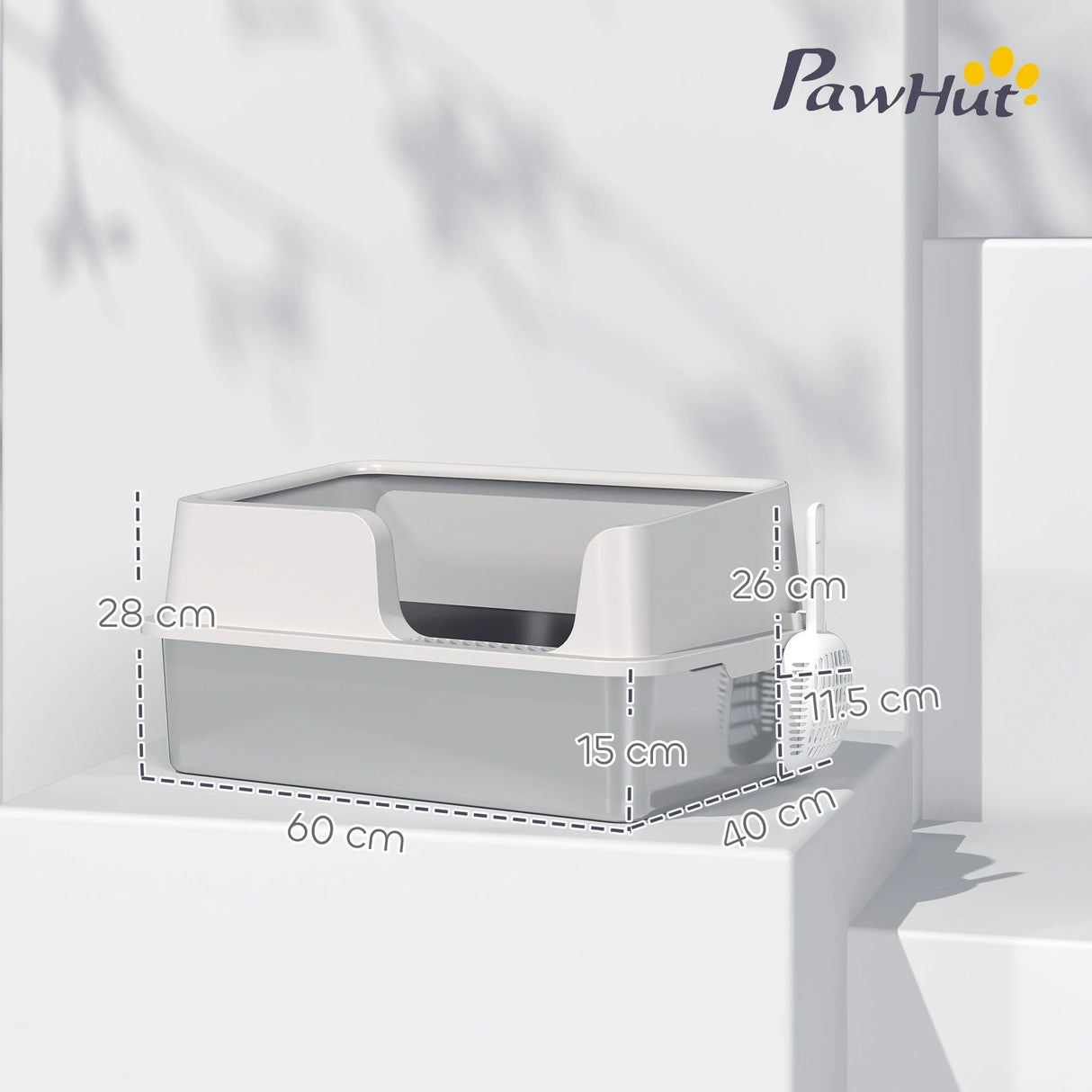 PawHut Stainless Steel Litter Box with Detachable Rim, Scoop, Easy Cleaning, Odour-Resistant, 60 x 40 x 28 cm