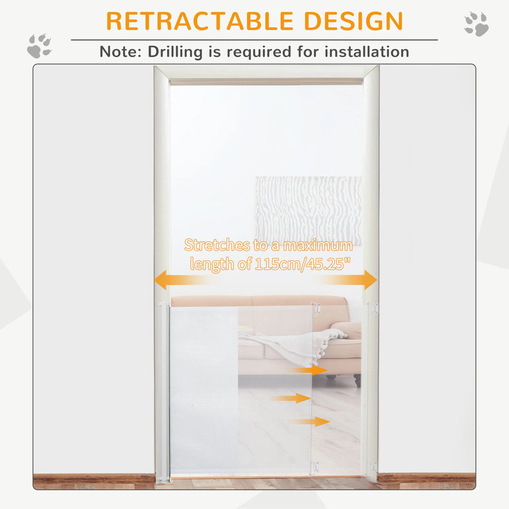 PawHut Retractable Stair Gate,  Dog Pet Barrier, for Doorway, Staircase, Hallway - White