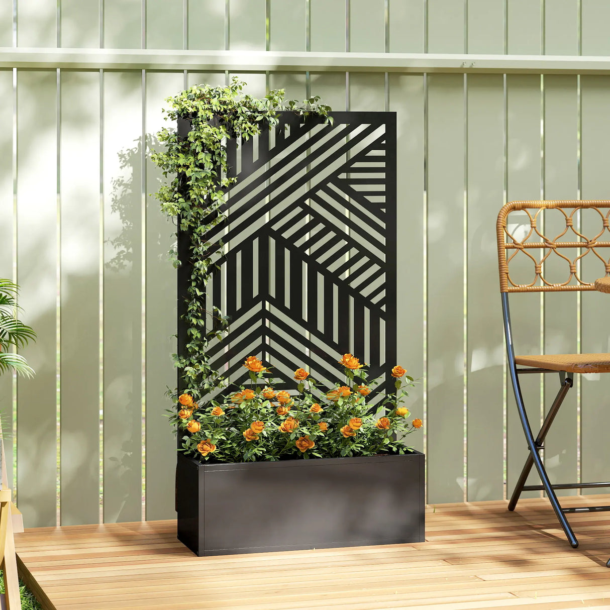 Outsunny Metal Garden Bed for Garden with Trellis, Raised Garden Bed with Privacy Screen, Geometric Slatted Cut-Out