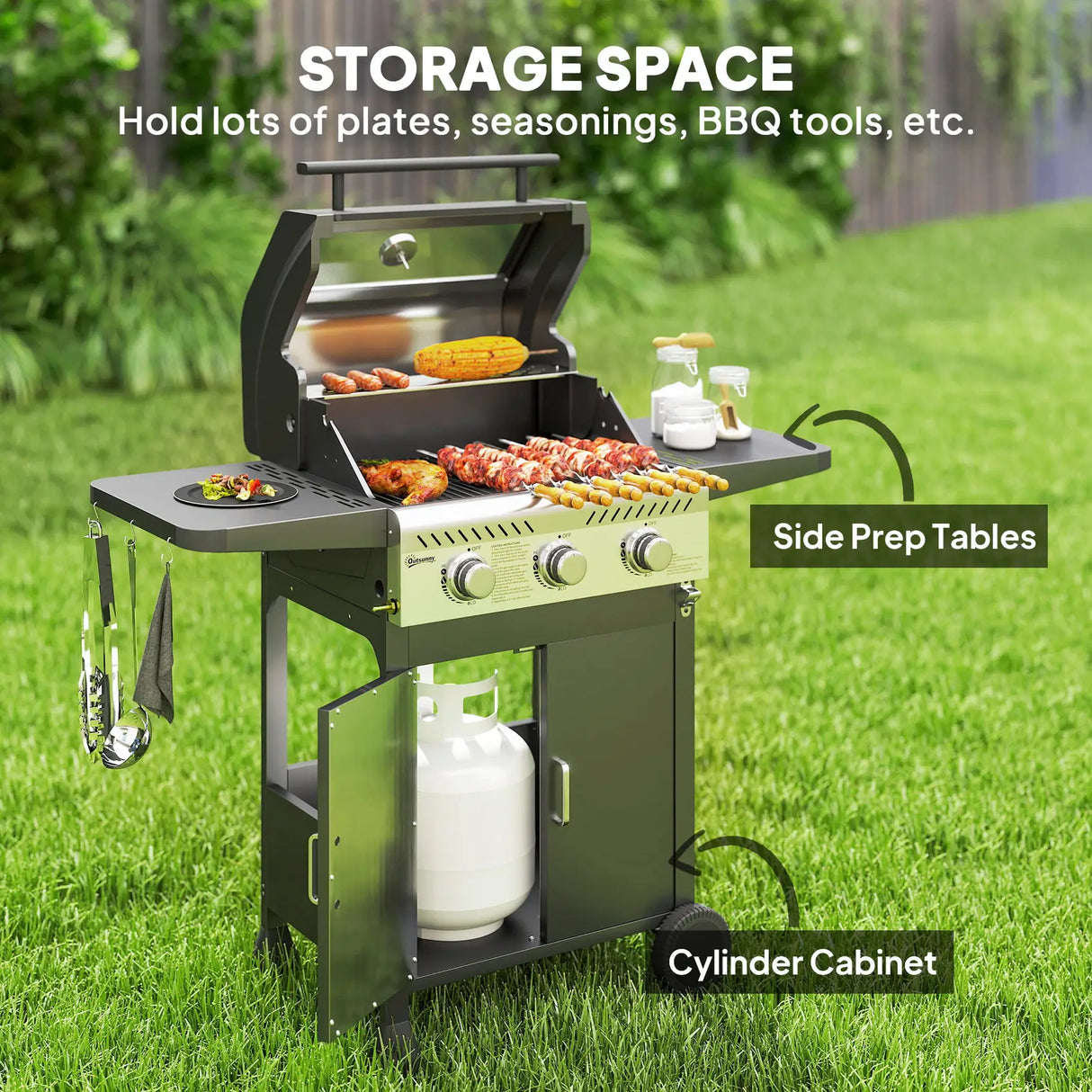 Outsunny 7.5kW Three-Burner Gas BBQ Grill, with See-Through Lid - Black