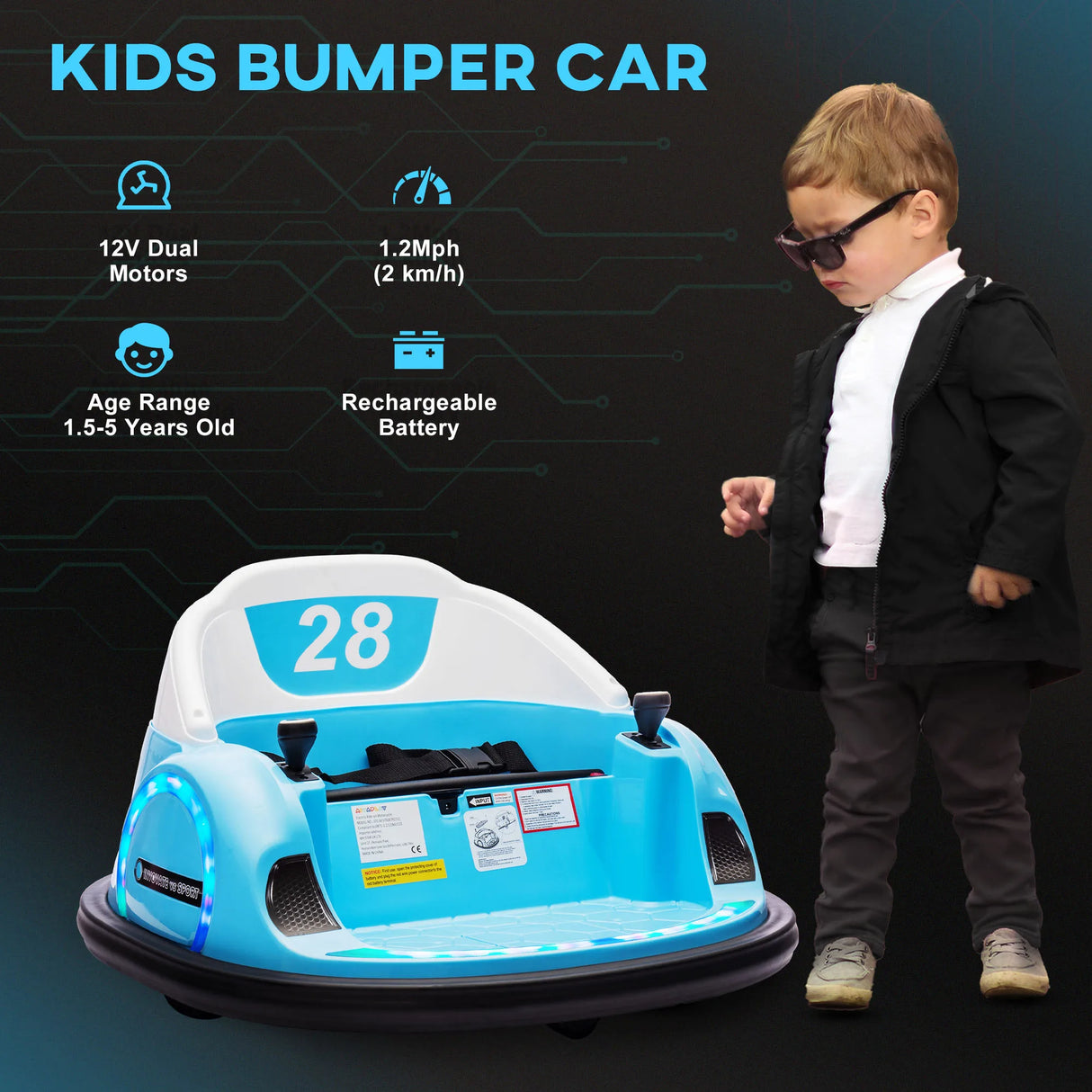 AIYAPLAY 360 Rotation Kids Bumper Car, 12V Waltz Car with Remote Control, Dual Joystick, Music, Lights, Light Blue