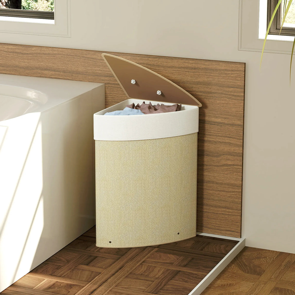 HOMCOM Bamboo Laundry Basket with Lid, 55L Corner Laundry Hamper with Removable Washable Liner Bag, Bathroom Triangle Washing Basket, 35 x 35 x 60 cm, Nature Wood Finish