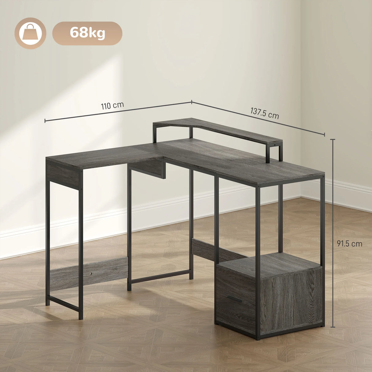 HOMCOM Industrial 'L' Shaped Multi-Work Desk - Charcoal Grey