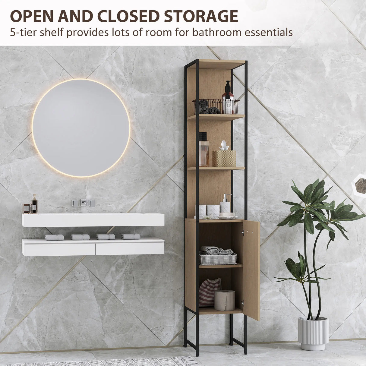 HOMCOM Tall Bathroom Cabinet with Open Shelves and Adjustable Shelf - Natural Wood Finish