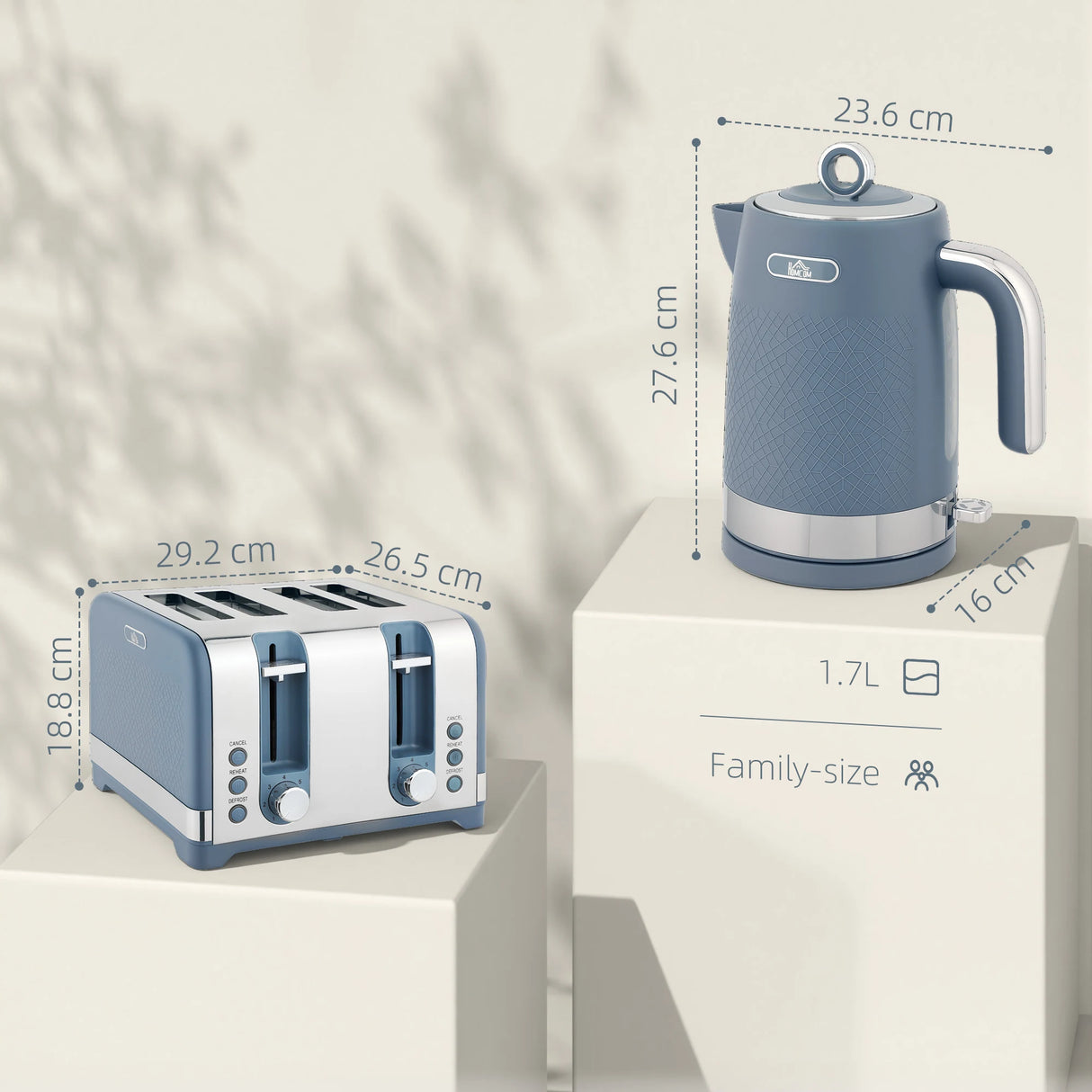 HOMCOM Sleek Textured Kettle and Four-Slice Toaster Set - Blue