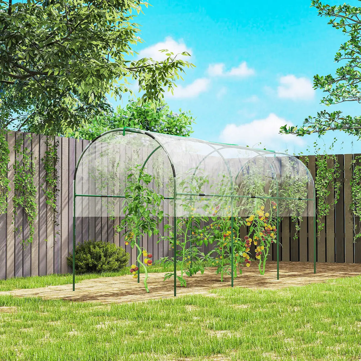 Outsunny Tunnel Tomato Greenhouse with 4 Hoops and Top Tap, Pointed Bottom and Guy Ropes, 400 x 123 x 171 cm, Clear