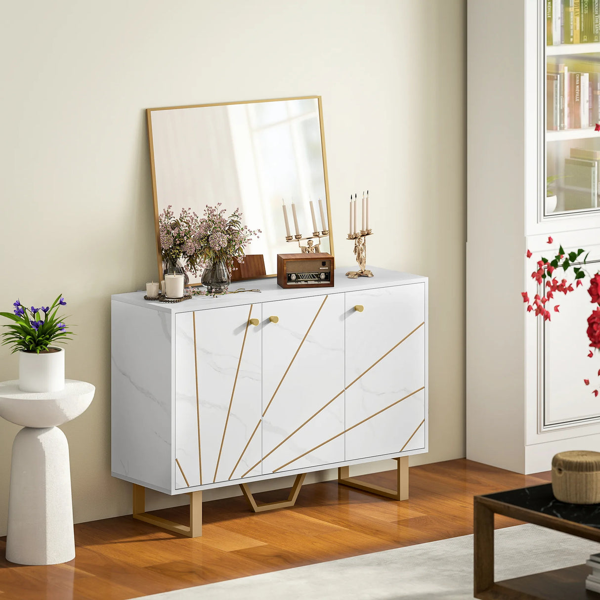 HOMCOM Sideboard Storage Cabinet, Modern Storage Cupboard with Adjustable Shelves and Metal Legs for Living Room, Kitchen, Dining Room, Entryway, White Marble Tone