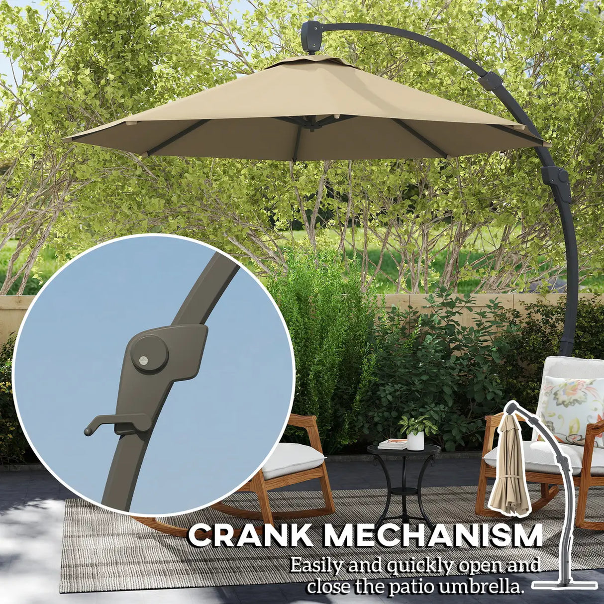 Outsunny 3(m) Garden Cantilever Parasol, Round Overhanging Umbrella with Crank Handle, Cross Base, Aluminium Frame and 360 Rotation, Banana Patio Umbrella for Outdoor Sun Shade, Khaki