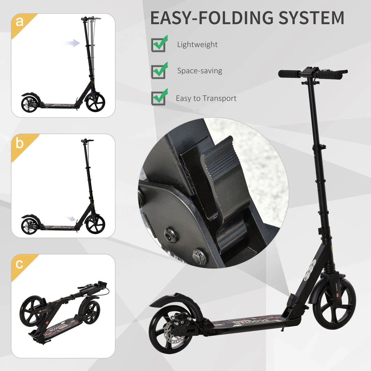 HOMCOM Kick Scooter, Folding 2 Wheel Scooter for 14+ Teens Adults, with Dual Brake System, Dual Suspension, 230mm Big Wheels, 3 Adjustable Handlebar, up to 100KG, Black