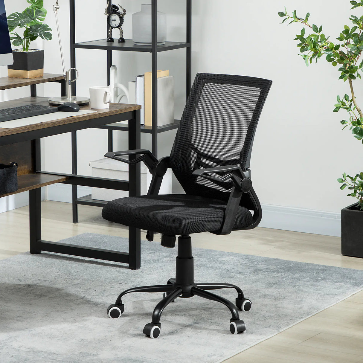 Vinsetto Mesh Office Chair, Computer Desk Chair with Flip-up Armrests, Lumbar Back Support and Swivel Wheels, Black